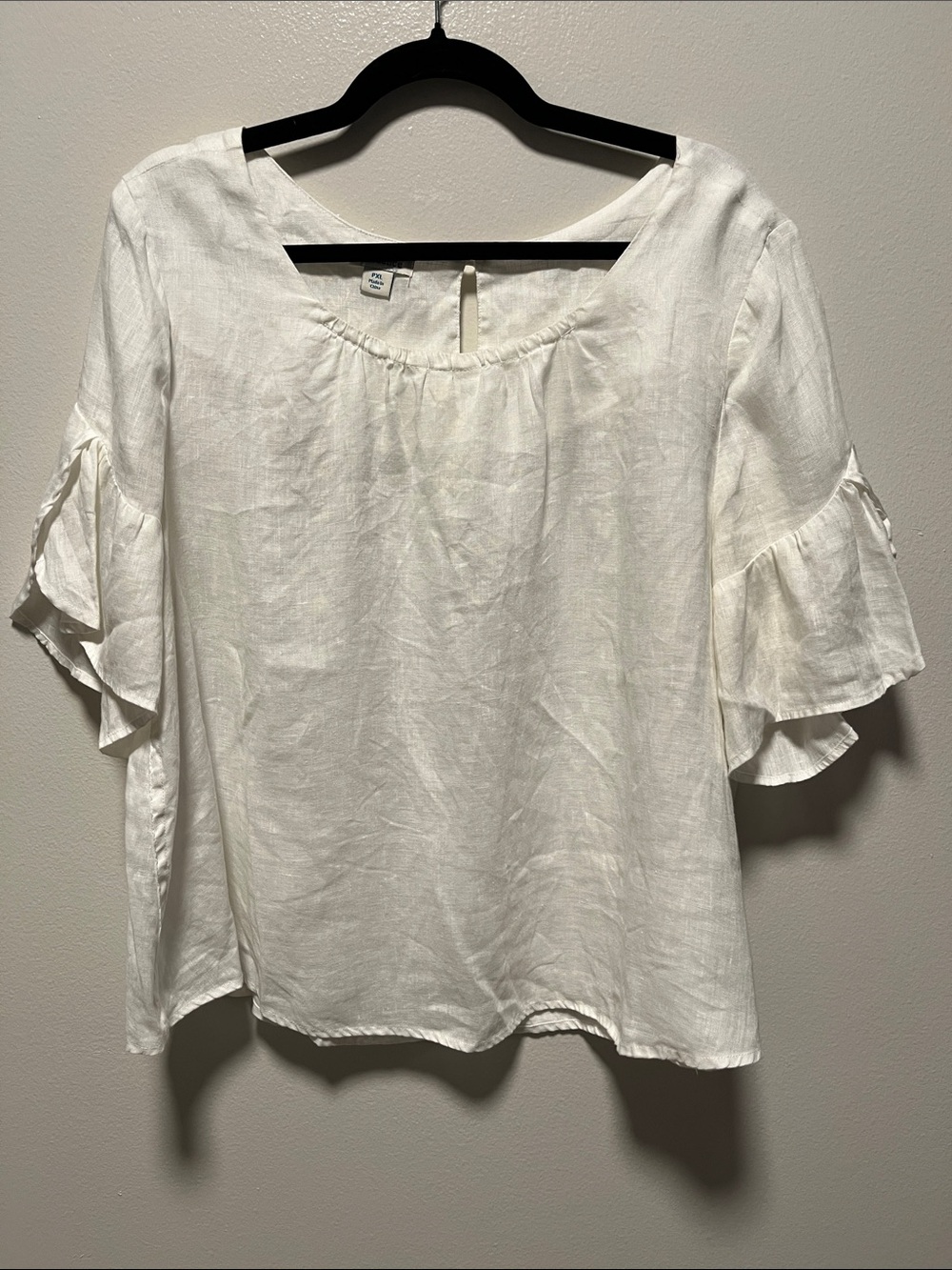 SUNDANCE White 100% Linen Ruffle Tulip Sleeve Top Boho Artisan Blouse, Size PXL